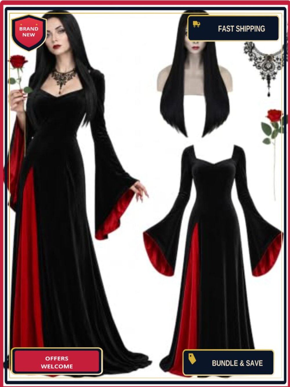 Velvet Morticia Addams Costume Maxi Dress with Wig Lace Choker Halloween Cosplay